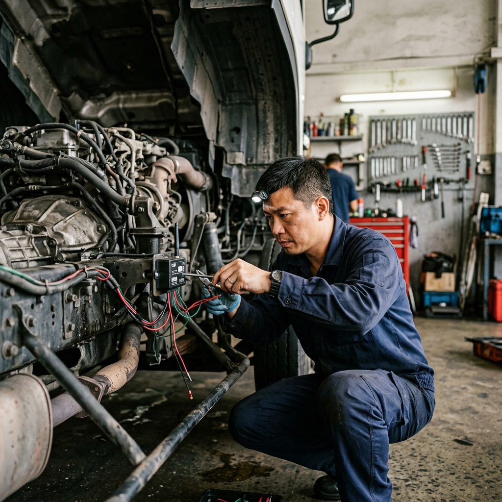 Seah Hin Pte Ltd commercial vehicle workshop Singapore - Technician installing speed limiter